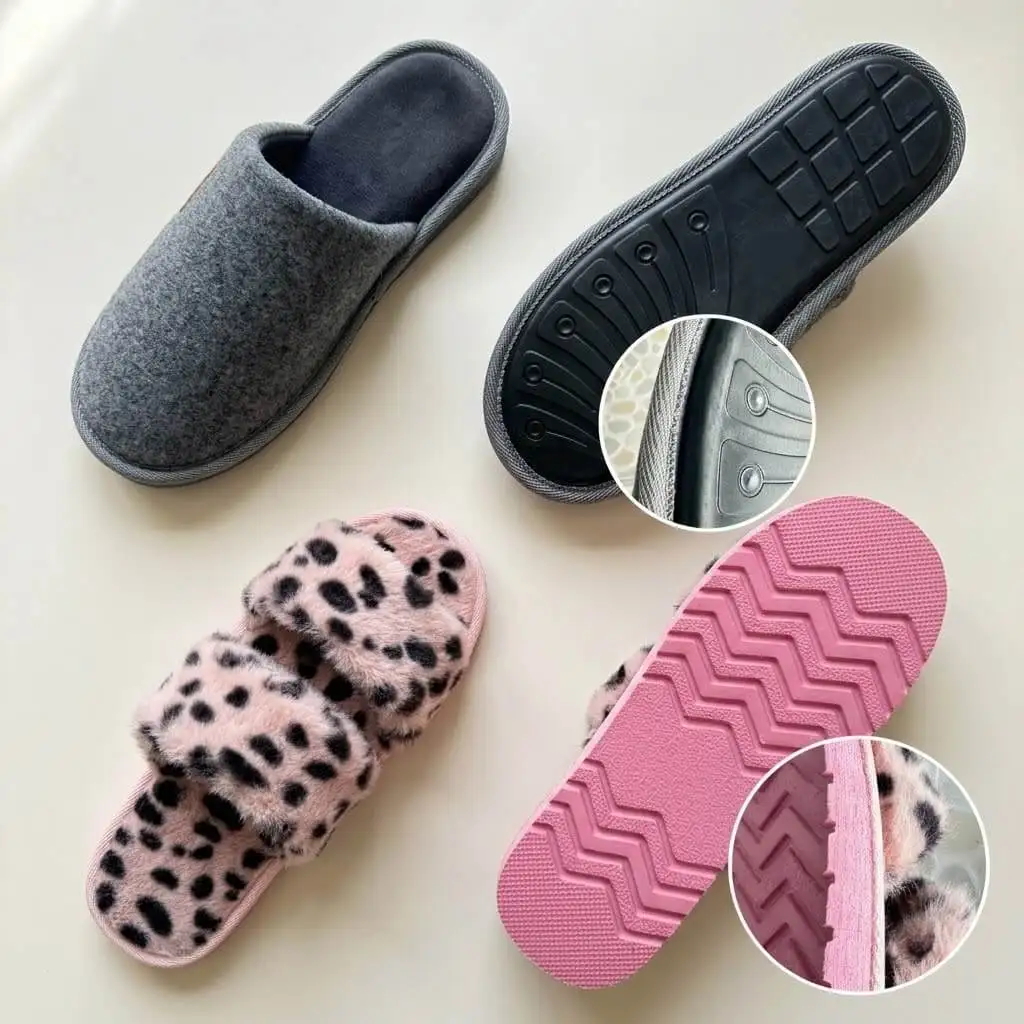 Private label indoor slippers showing upper, footbed, binding, outsole and attachment details.