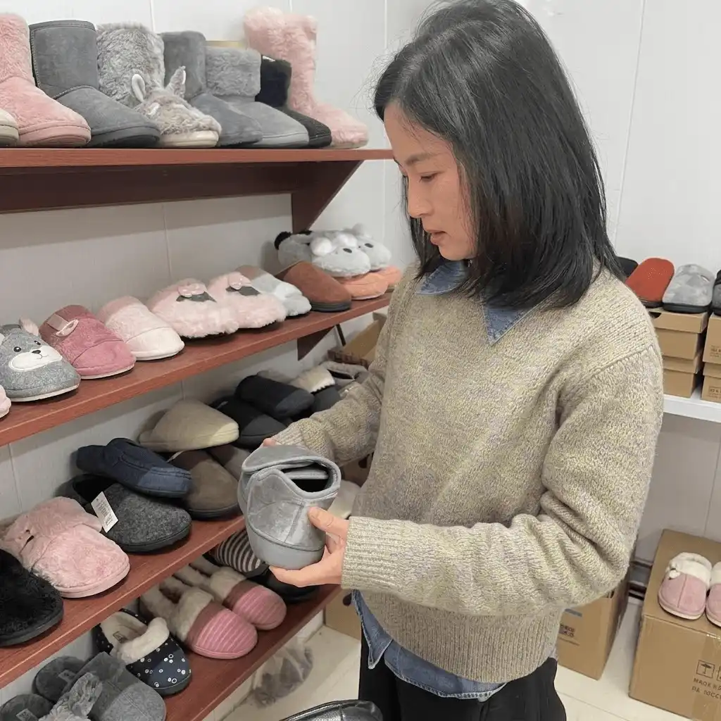 Private label indoor slippers sample approval in showroom