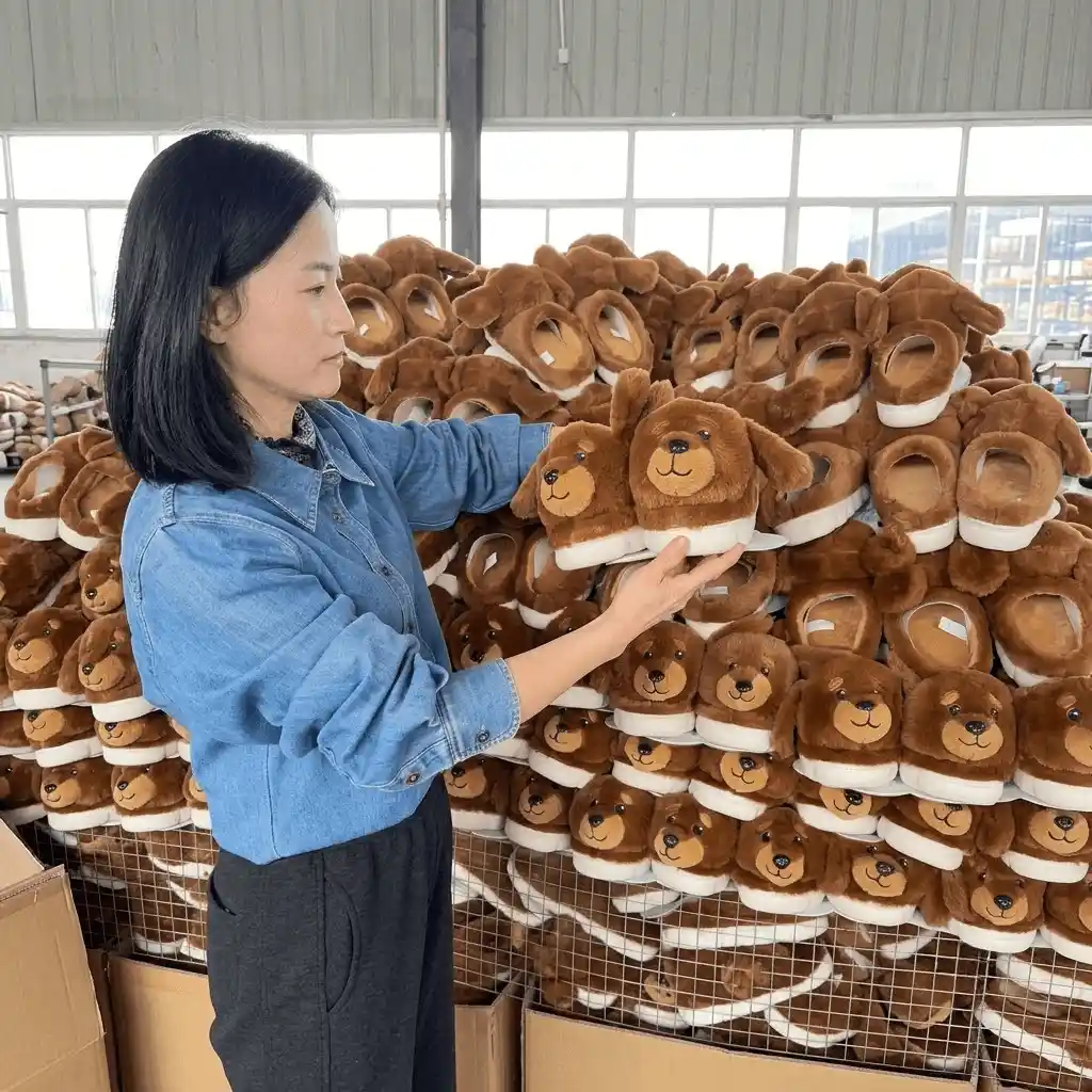 Private label slippers bulk production and quality review in factory