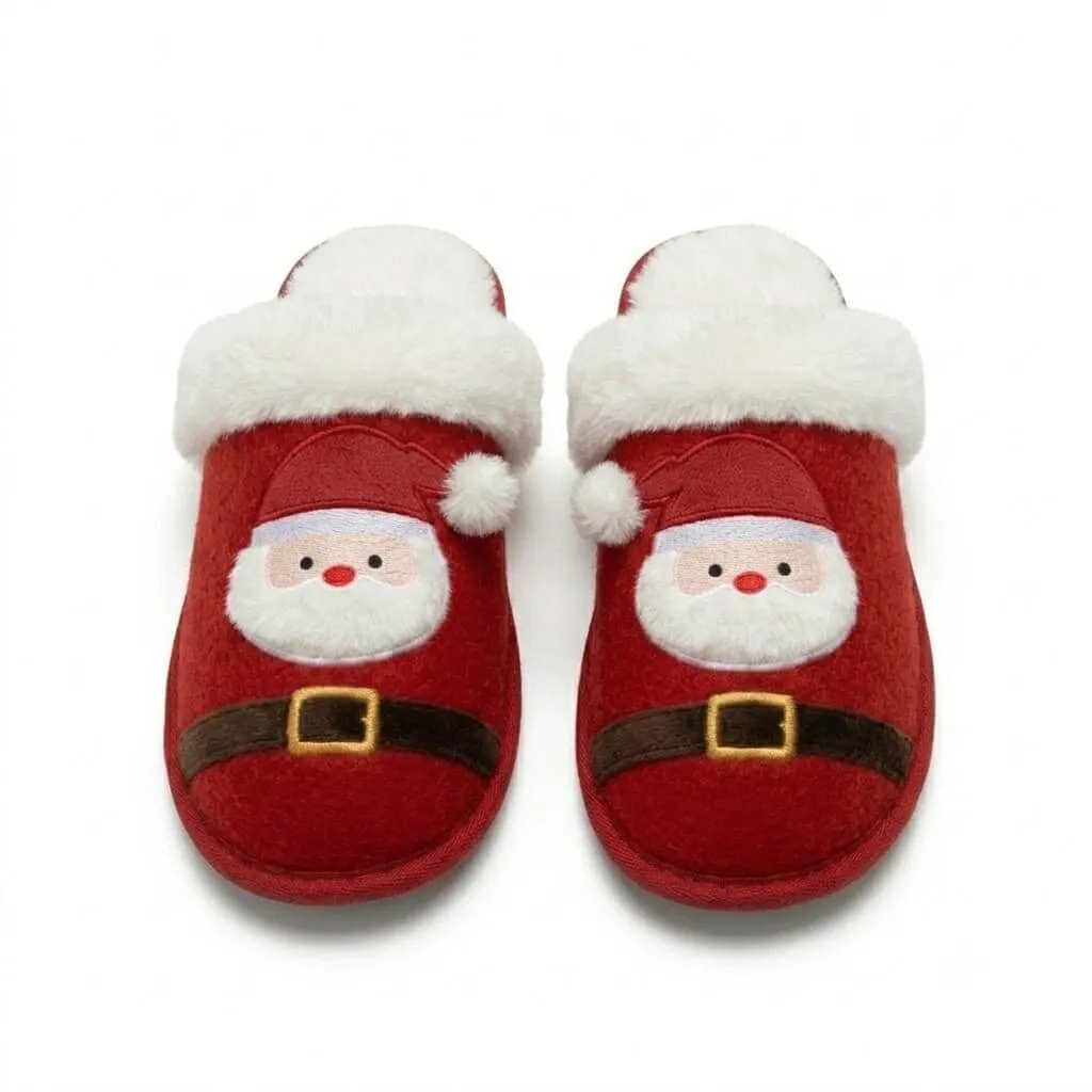 Red Santa Claus OEM indoor slippers featuring 3D dimensional elements securely anchored for international safety compliance.