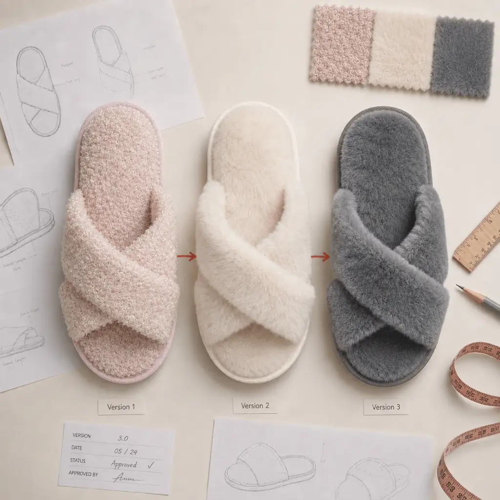 Shoe tech pack sample revision process showing three slipper versions, technical drawings, material swatches, and final approval