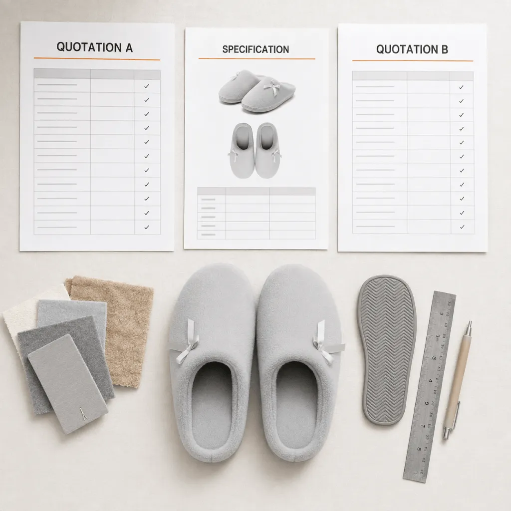 Two custom slipper supplier quotations compared against the same product specification with grey bow slippers and material samples