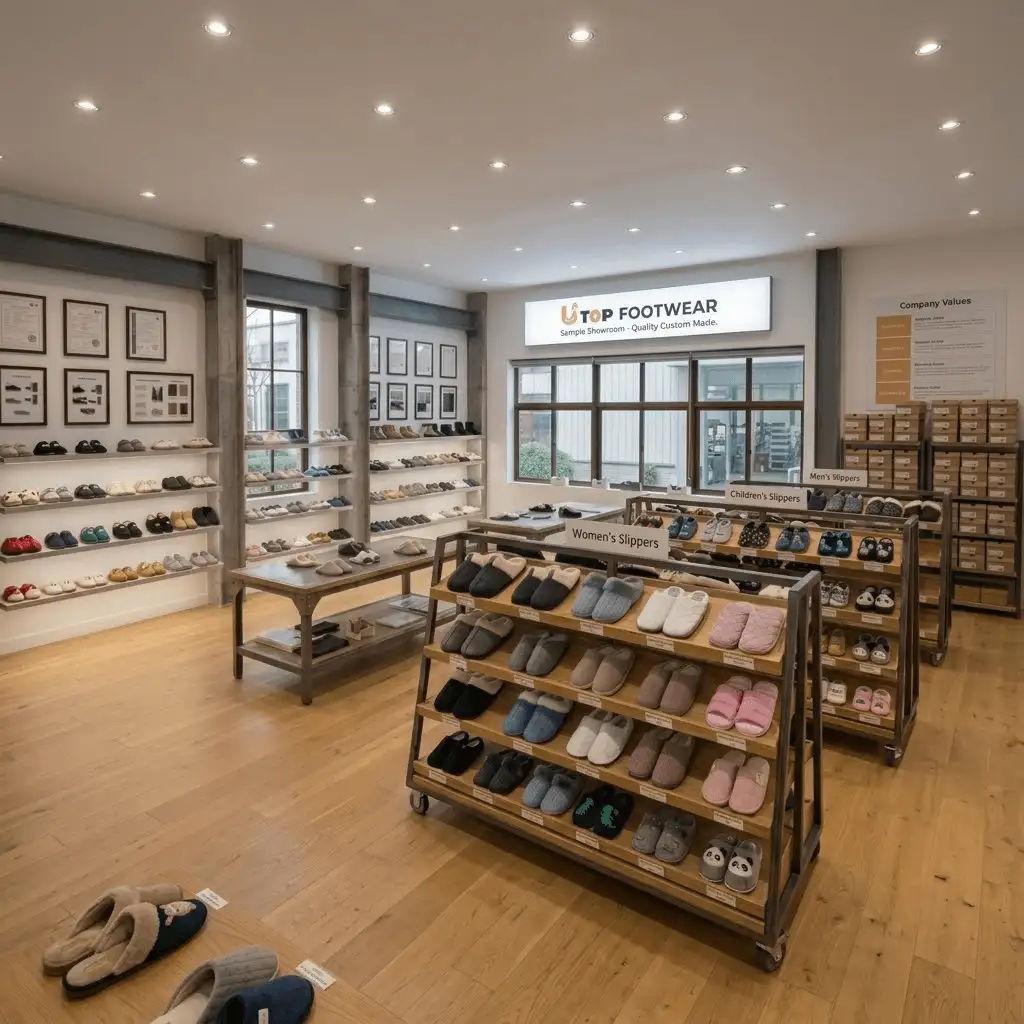 The Utop Footwear OEM sample showroom displaying custom indoor slipper designs for mid-to-large scale private label corporate brands.