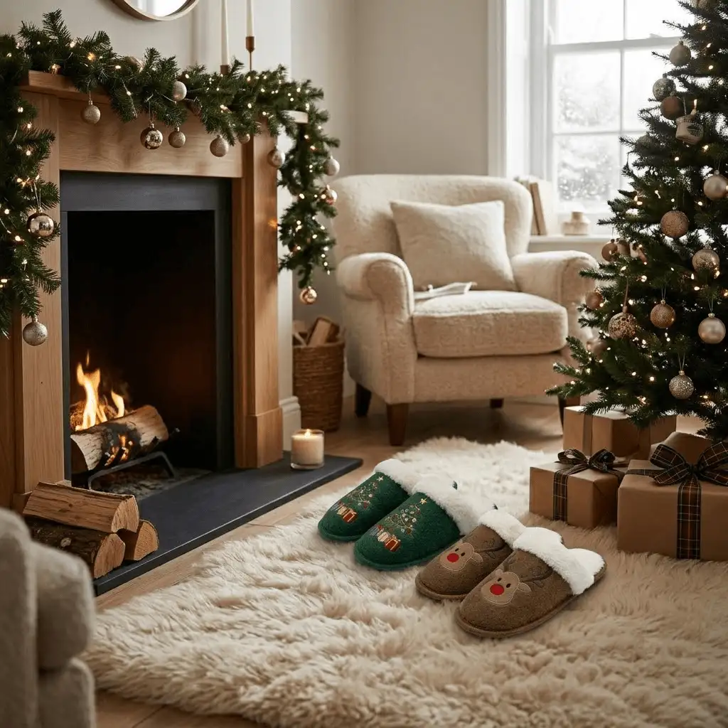Cozy holiday living room interior featuring a burning fireplace and decorated Christmas tree, with wholesale christmas plush slippers resting on a white faux fur rug.