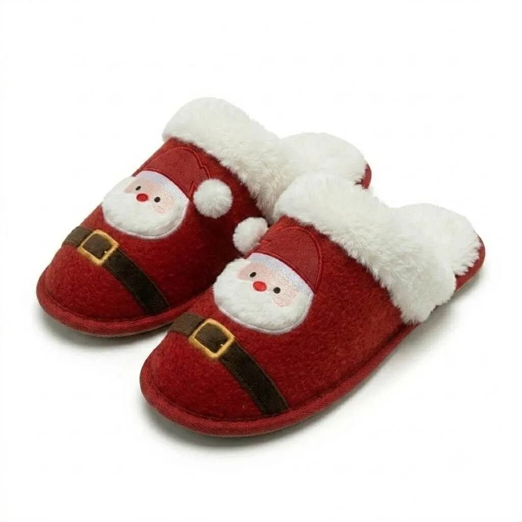 An angled view of a pair of red wholesale christmas plush slippers featuring embroidered Santa Claus characters with thick white fleece trim and side-stitched edges.