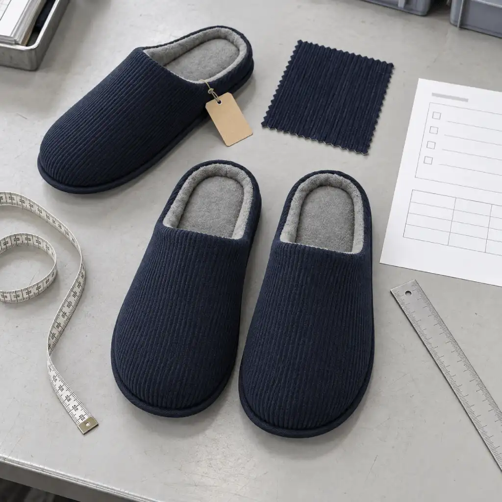 Corduroy house shoes quality control setup with sample, production pair, fabric swatch and measuring tools
