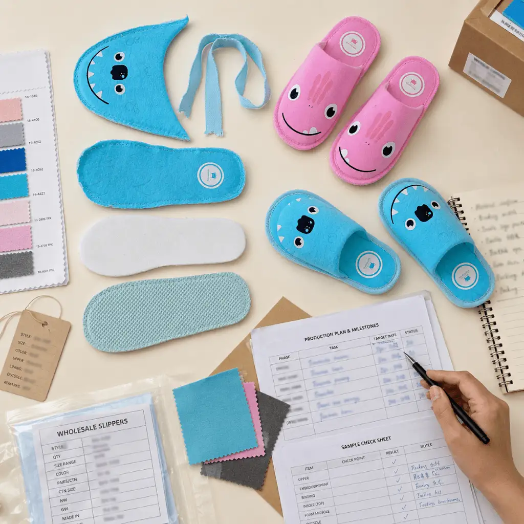 Wholesale slipper production planning with samples, material swatches, component checks, and production milestones