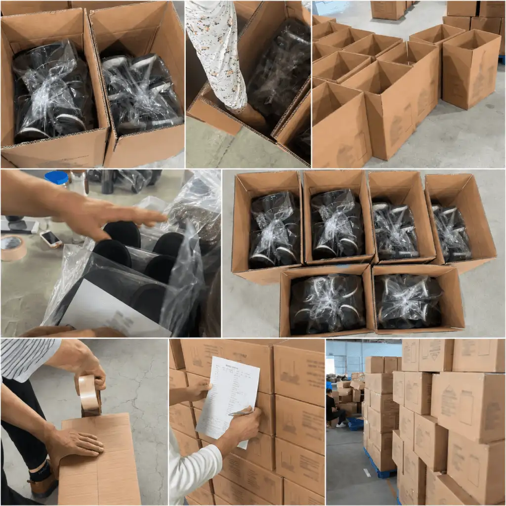 Wholesale slipper production packing process with bagged slippers, cartons, sealing, and quantity checks