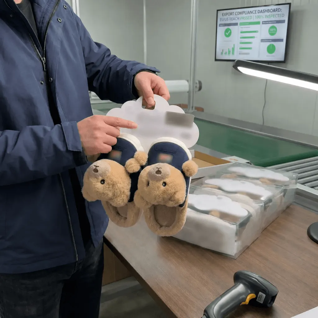 Footwear quality control for bulk slippers using an approved sample, product specification, and production pair