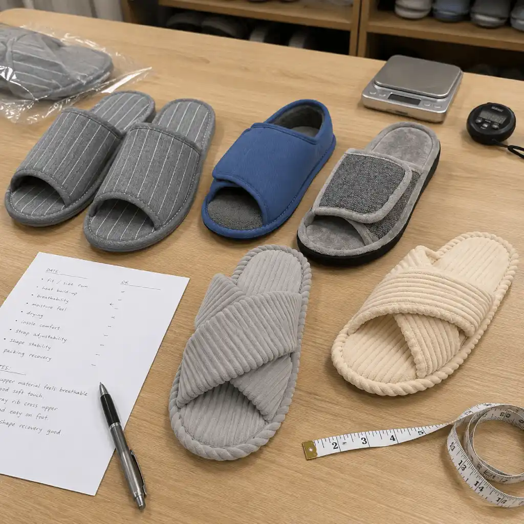 Breathable slippers sample evaluation for fit, heat buildup, moisture feel, drying and shape stability