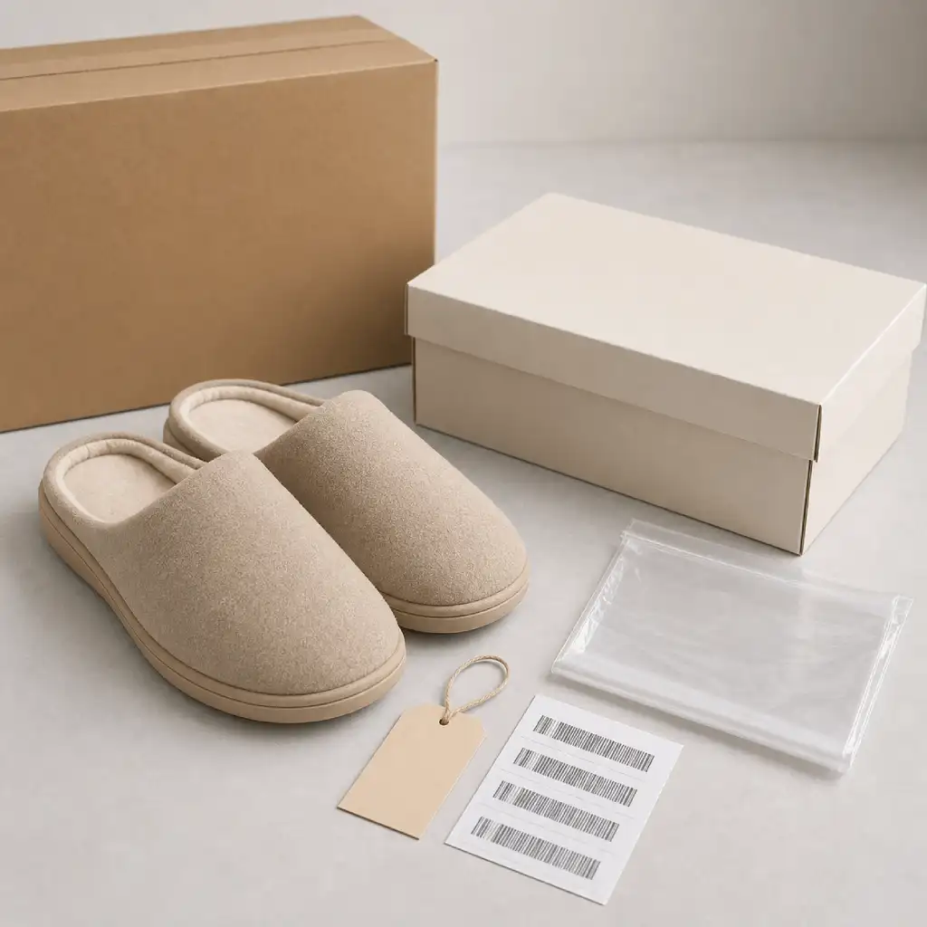 Bulk house slippers packaging with shoebox carton polybag hangtag and barcode labels