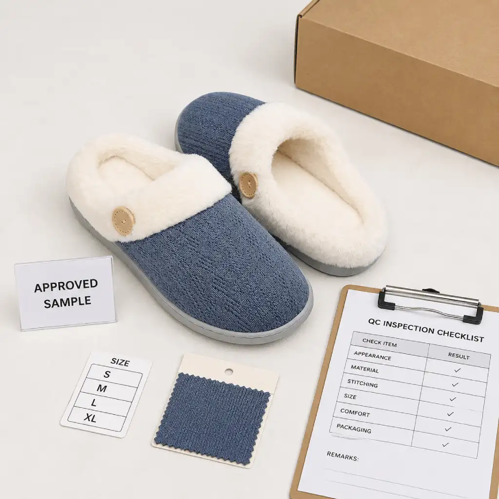 Bulk house slippers quality inspection with approved sample material swatch and QC checklist