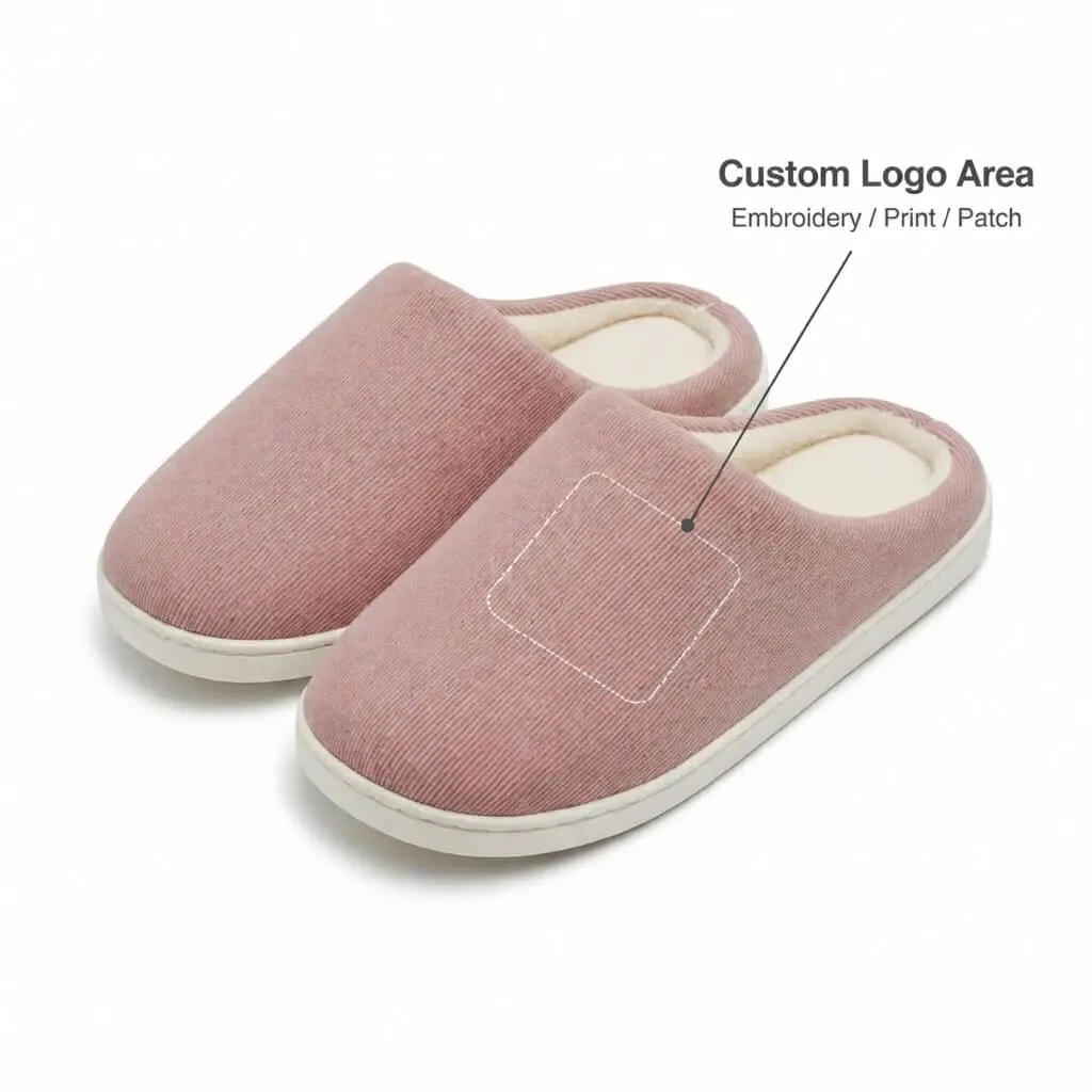 Custom women’s slippers showing logo placement area for embroidery print or patch