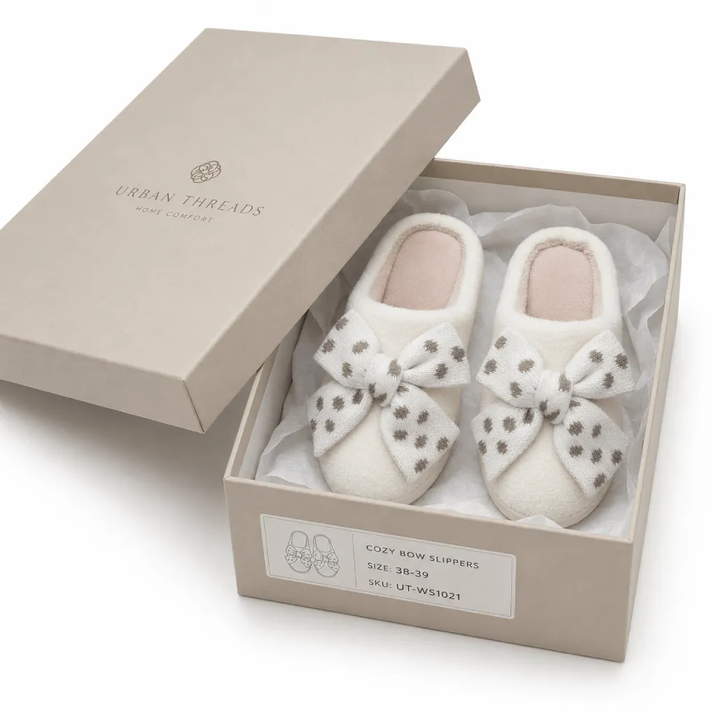Custom shoe box packaging for private label slippers with a size label, tissue paper, and branded lid