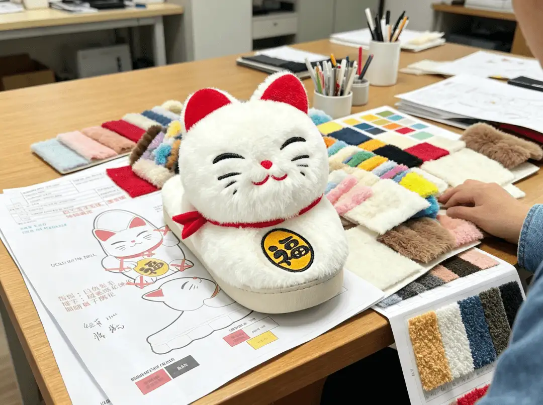 Lucky cat slipper sample with design drawing and material swatches for custom slipper development