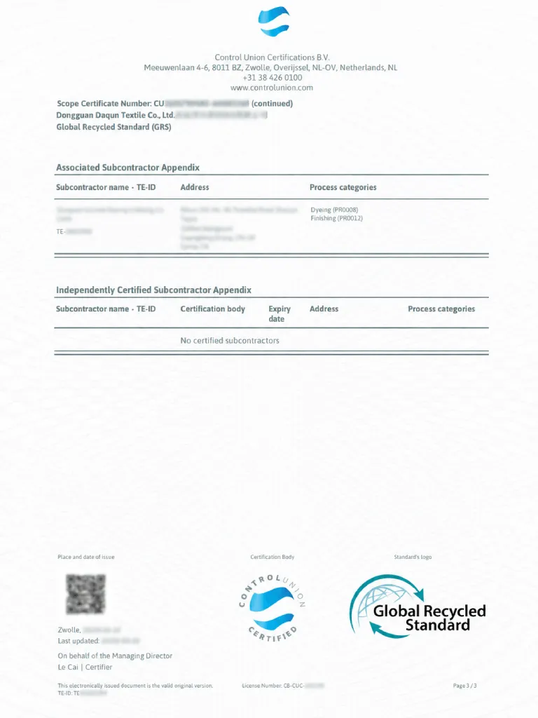 GRS factory process certificate document for slipper production