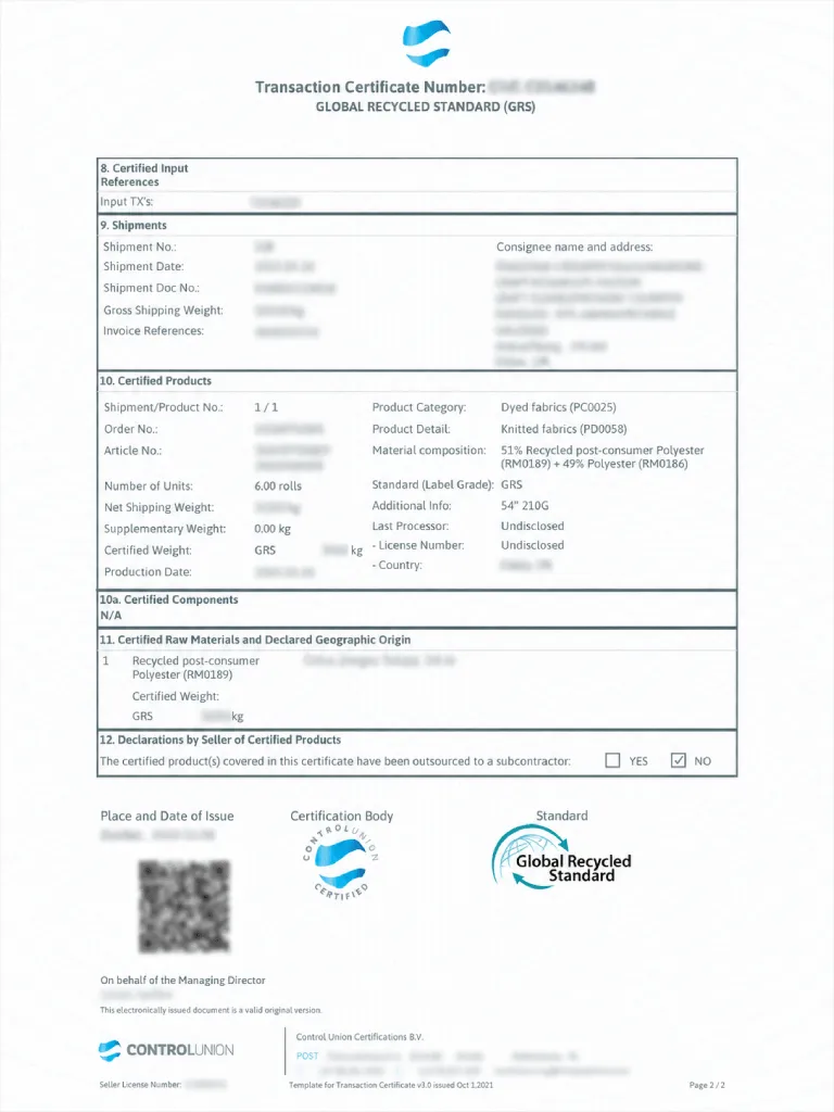 GRS material traceability certificate for slipper production