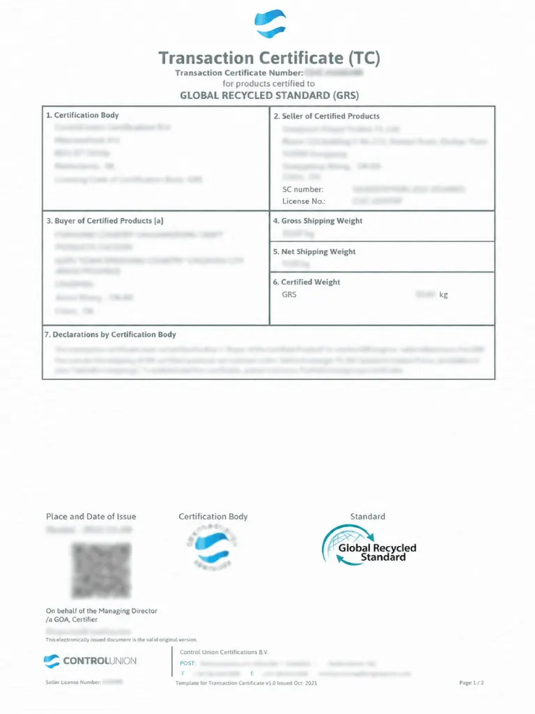 GRS order specific certificate document for custom slipper projects