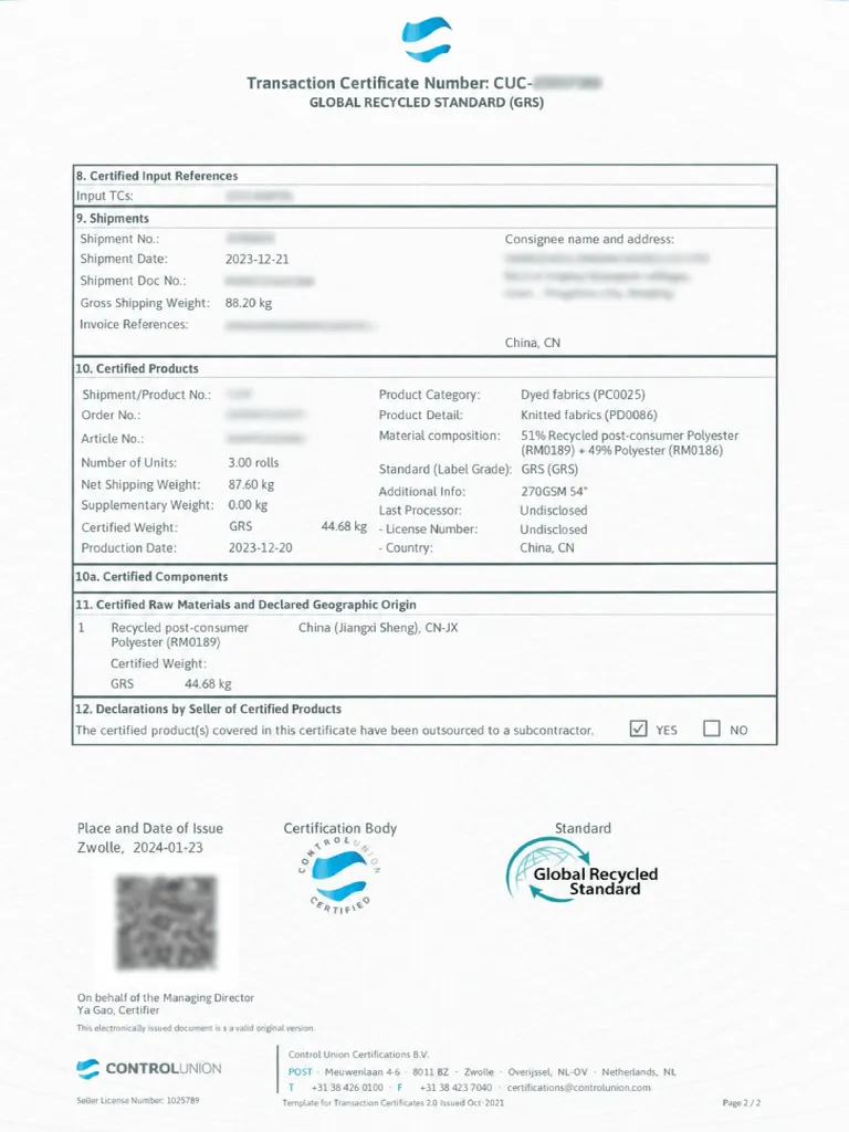 GRS transaction certificate detail page for slipper order review