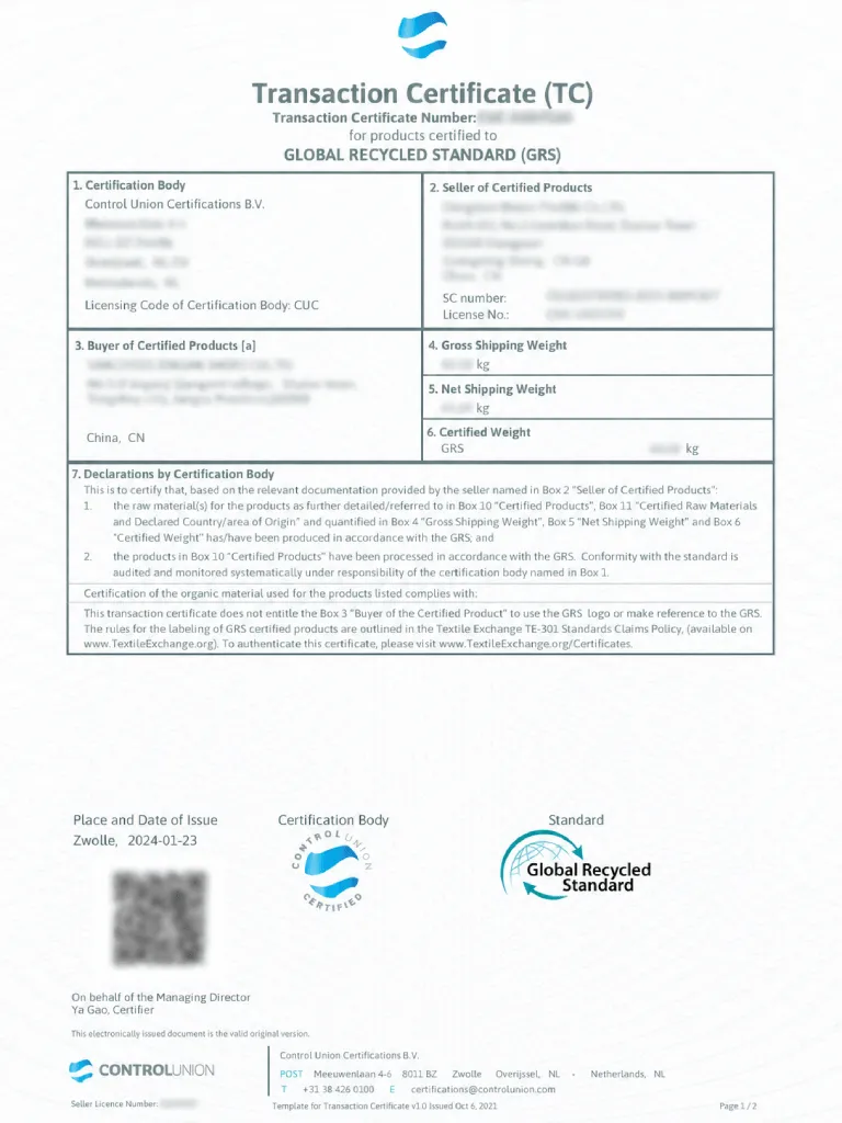 GRS transaction certificate for selected slipper orders