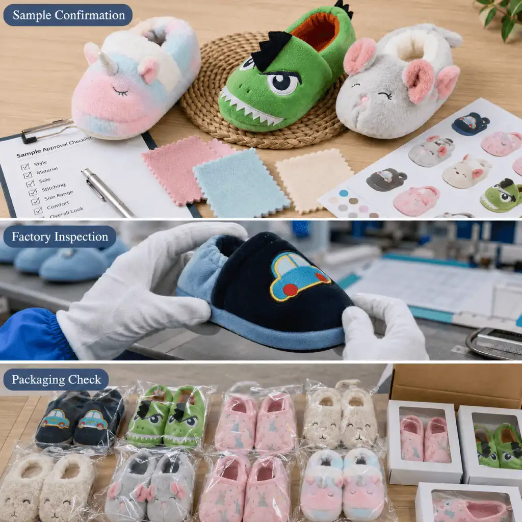 Kids slippers quality control process showing product inspection, sample approval, and packaging check