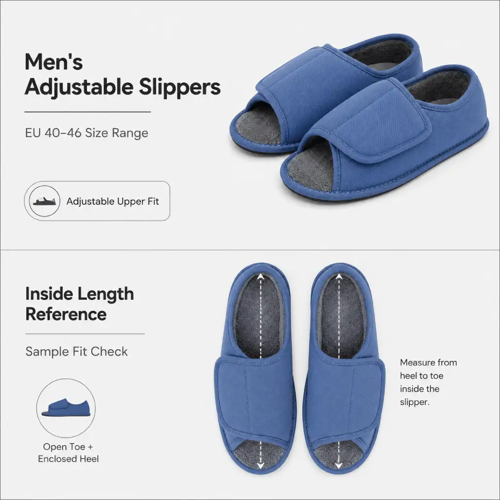 Men's adjustable slippers size guide showing EU 40–46 and heel-to-toe inside length