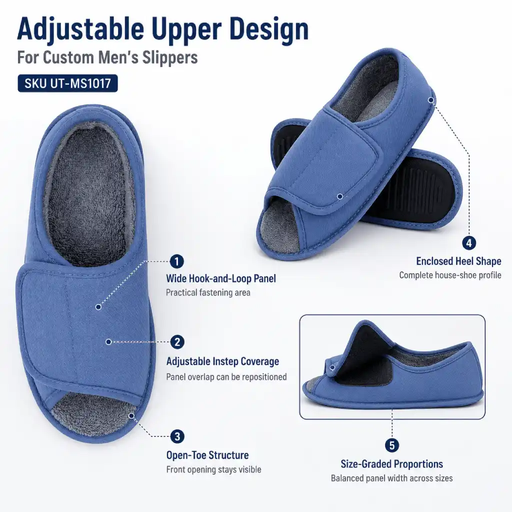 Men's adjustable slippers showing hook-and-loop upper and open-toe design