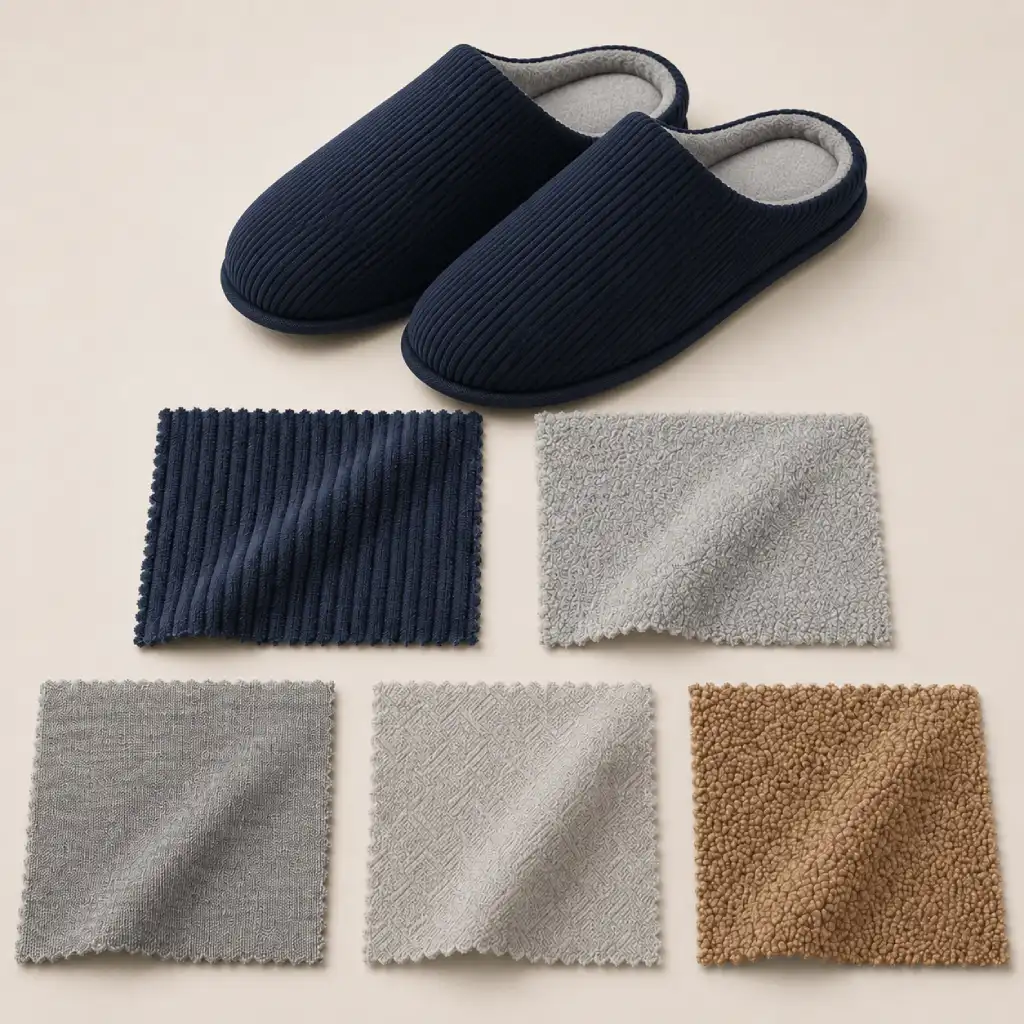 Material comparison for men's open-back slippers with corduroy, knit, sherpa, jersey, and micro-suede-style textiles