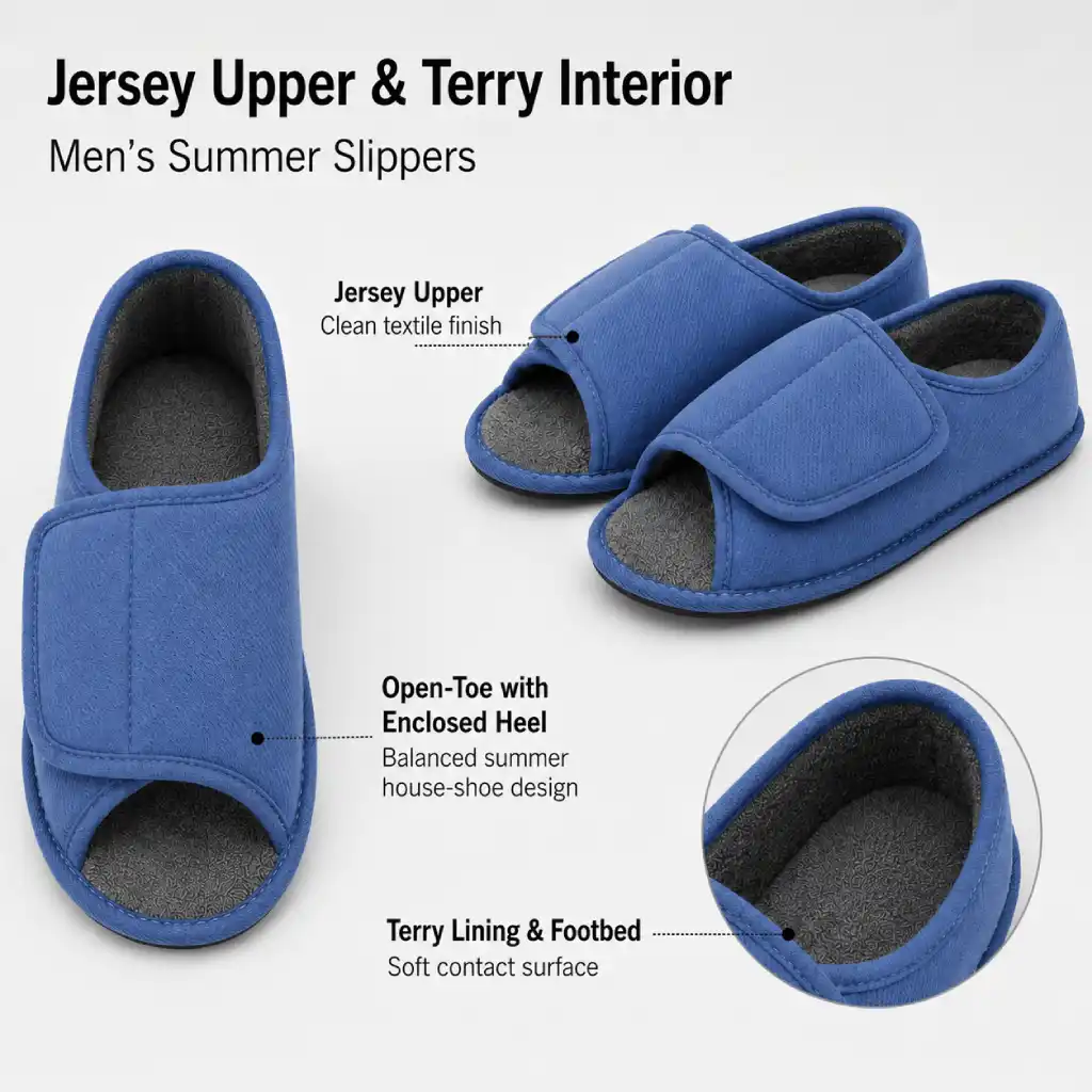 Blue men's summer slippers with jersey upper and terry lining