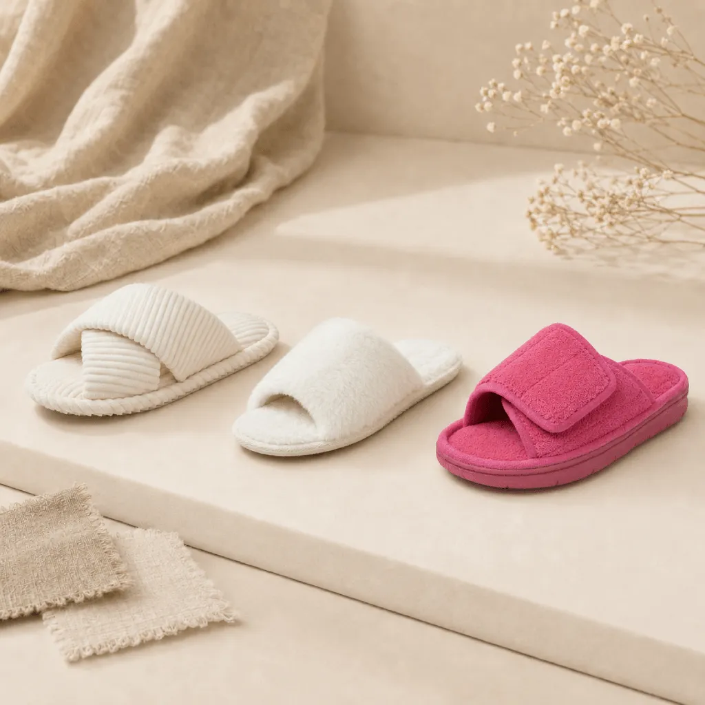 Open toe slippers with cross-band, single-band, and adjustable upper constructions