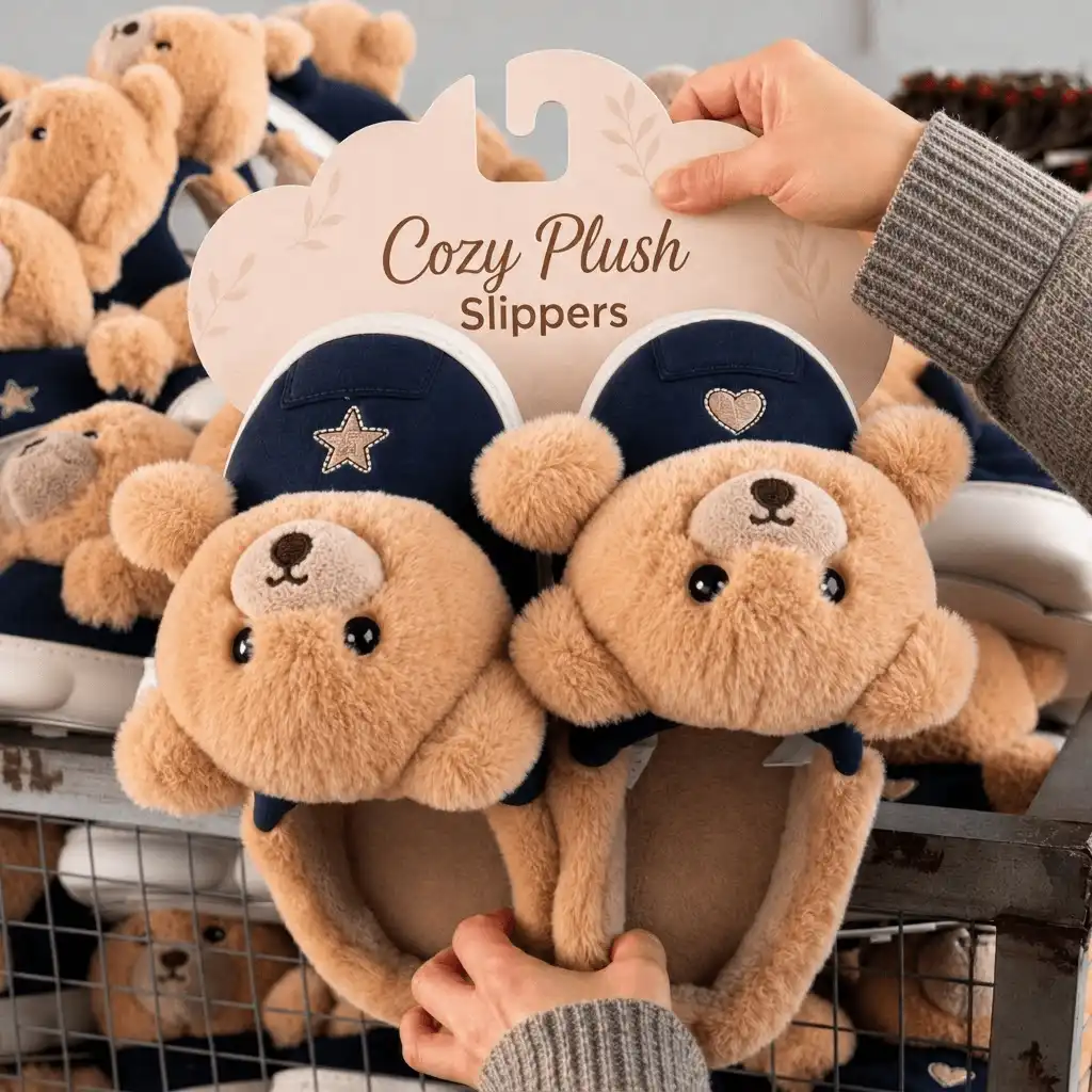 Private label plush women’s slippers with custom hanger card packaging