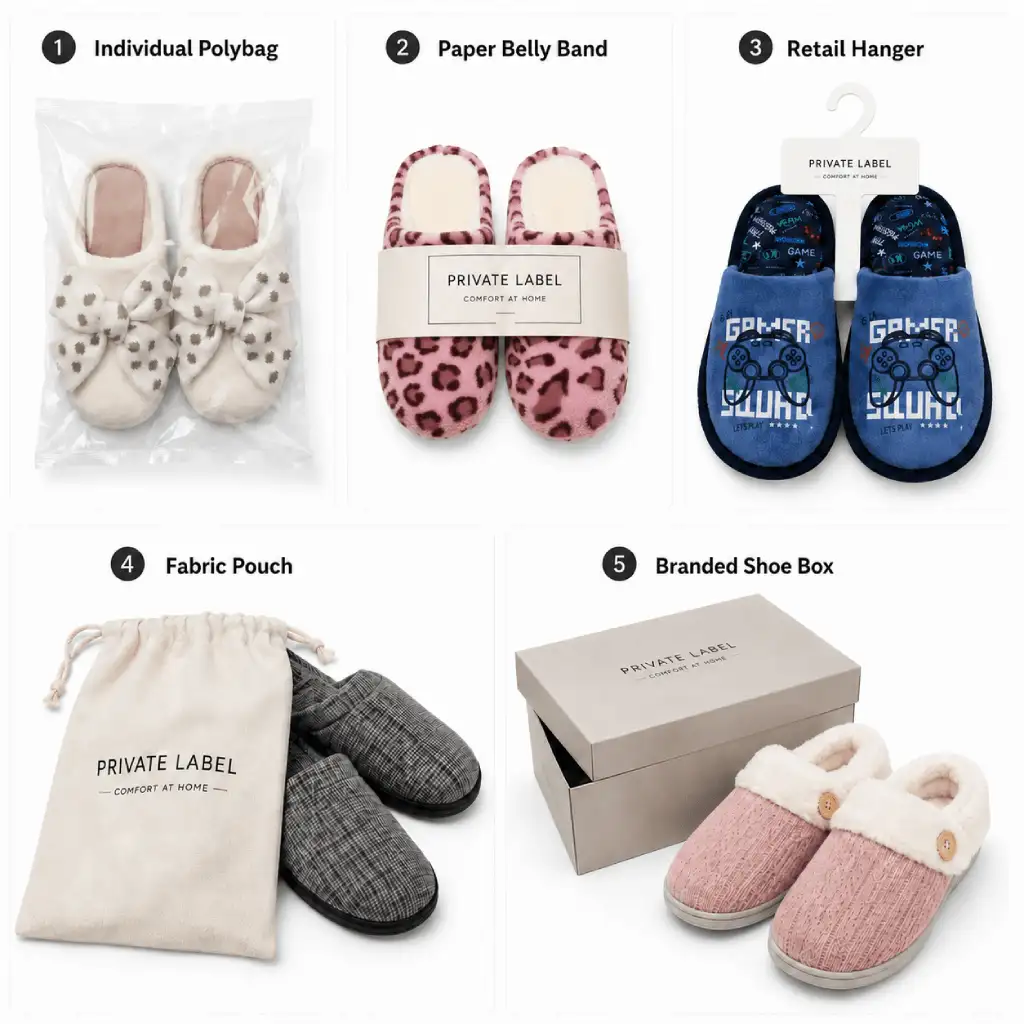 Footwear packaging options for private label slippers including a polybag, paper band, hanger, pouch, and shoe box
