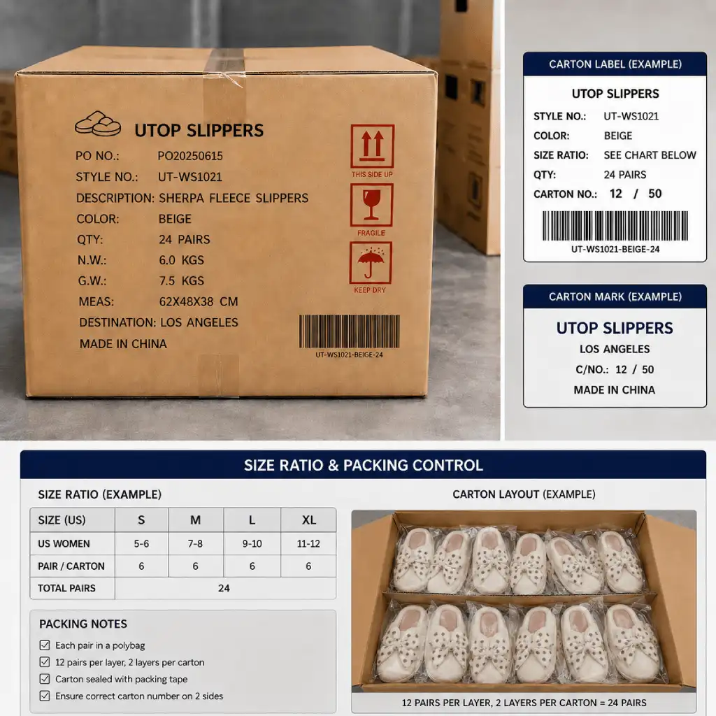Master carton for slipper packaging with carton markings, SKU labels, and an illustrated size pack ratio