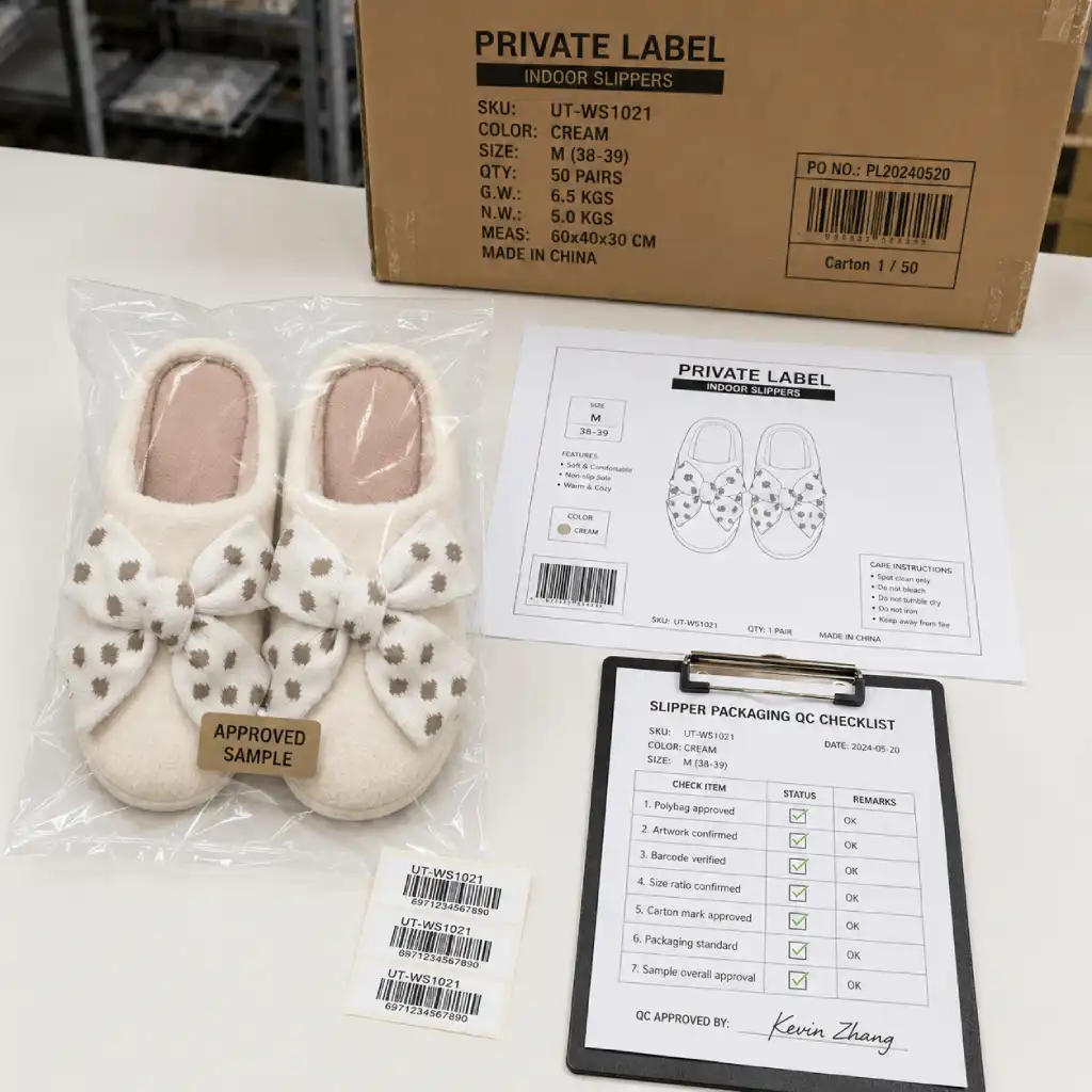 Footwear packaging quality check for slippers covering product fit, barcode label, artwork, and master carton approval