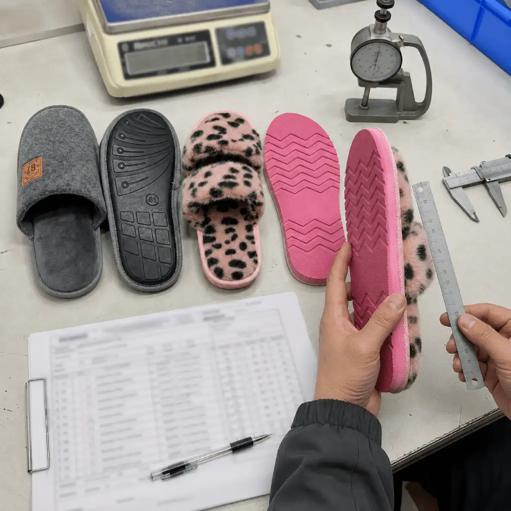 Outsole quality control comparing molded TPR and cut EVA soles for indoor slippers