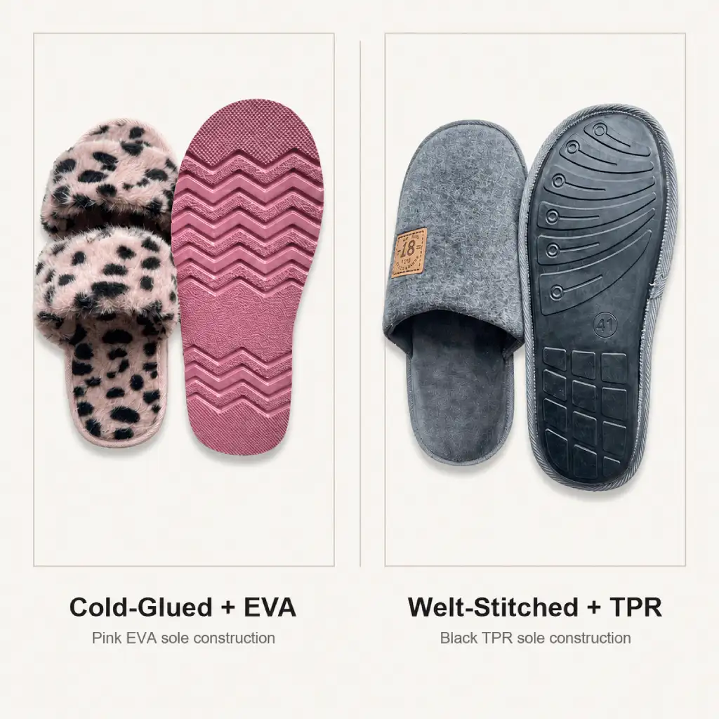 Welt-stitched TPR sole and cold-glued EVA sole construction comparison for indoor slippers
