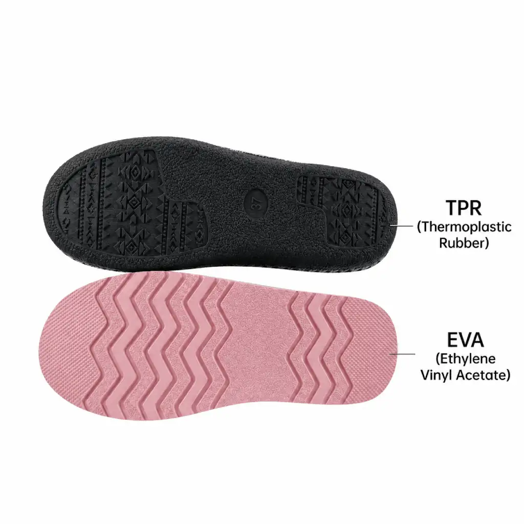 TPR vs EVA sole comparison showing black TPR and pink EVA slipper outsoles