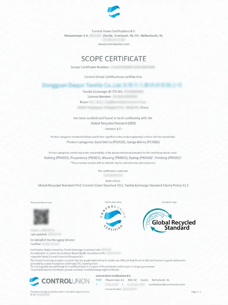 GRS scope certificate document for Utop Slippers
