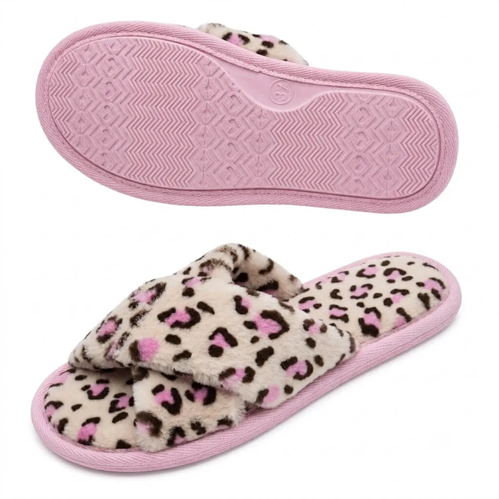 Women’s cross-band slippers showing plush upper and textured sole for bulk orders