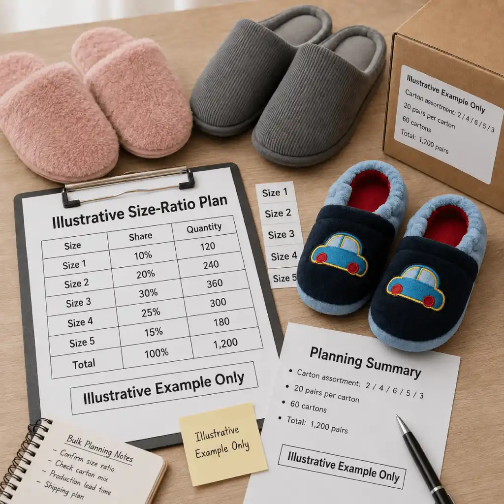 Bulk slipper size ratio planning with approved size chart, pair quantities, carton assortment and labels
