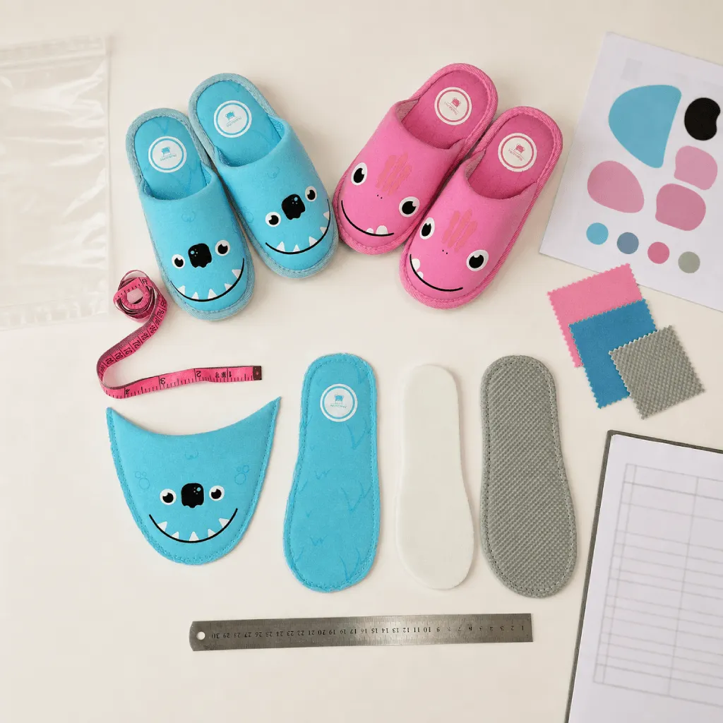 Closed toe slippers sample approval with materials, outsole, artwork and packaging references