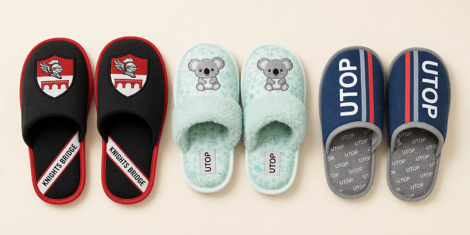 Three custom slipper pairs showing shield patches, UTOP insole labels and printed upper branding