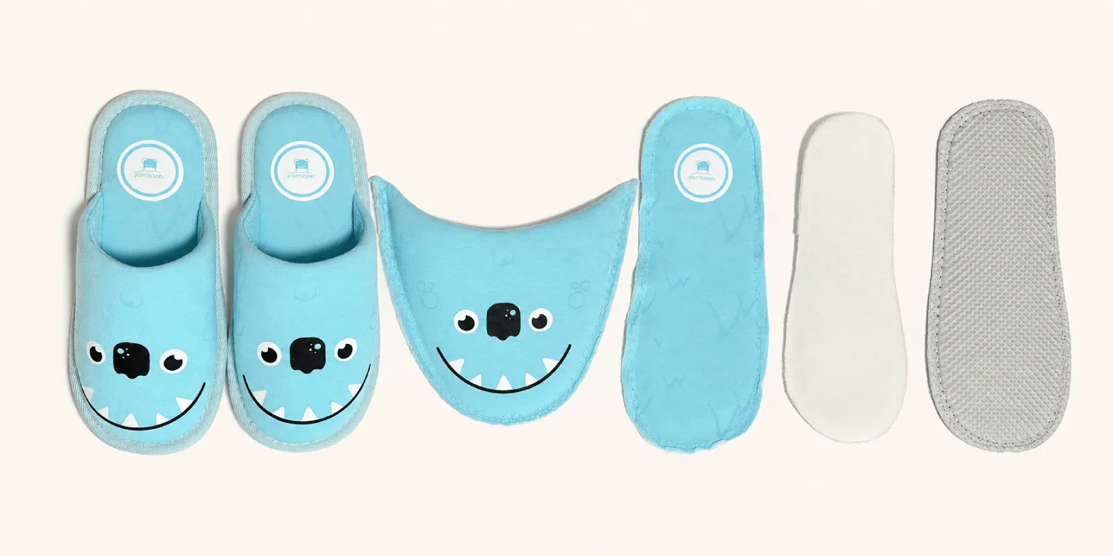 Disassembled plush slipper showing upper, cushioning layers and footbed components