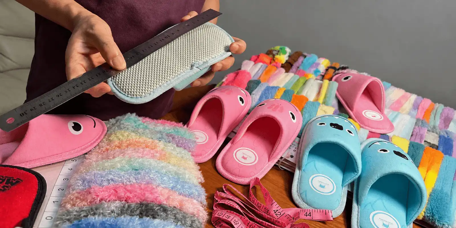 Slipper outsole being measured beside colorful slipper samples and material swatches