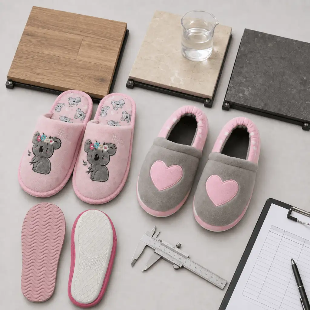Finished indoor slippers prepared for slip resistance testing on defined reference floor surfaces