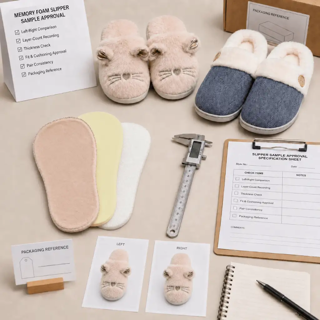 Buyer sample approval for memory foam slippers with foam components, layer record, thickness check and finished pair comparison