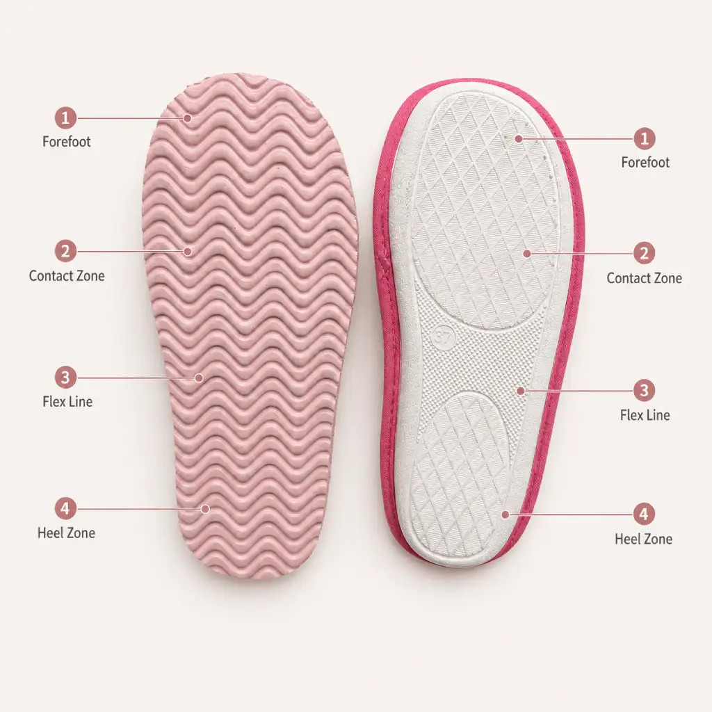 Slip-resistant outsole tread zones and contact areas on molded TPR and cut EVA slipper bottoms