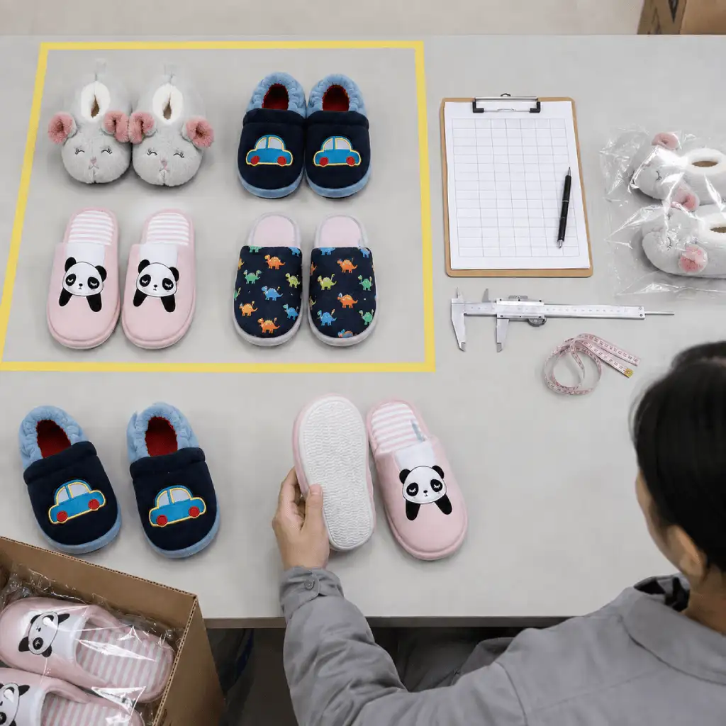 Bulk quality control checking slipper outsole flatness, tread, alignment, attachment and pair consistency