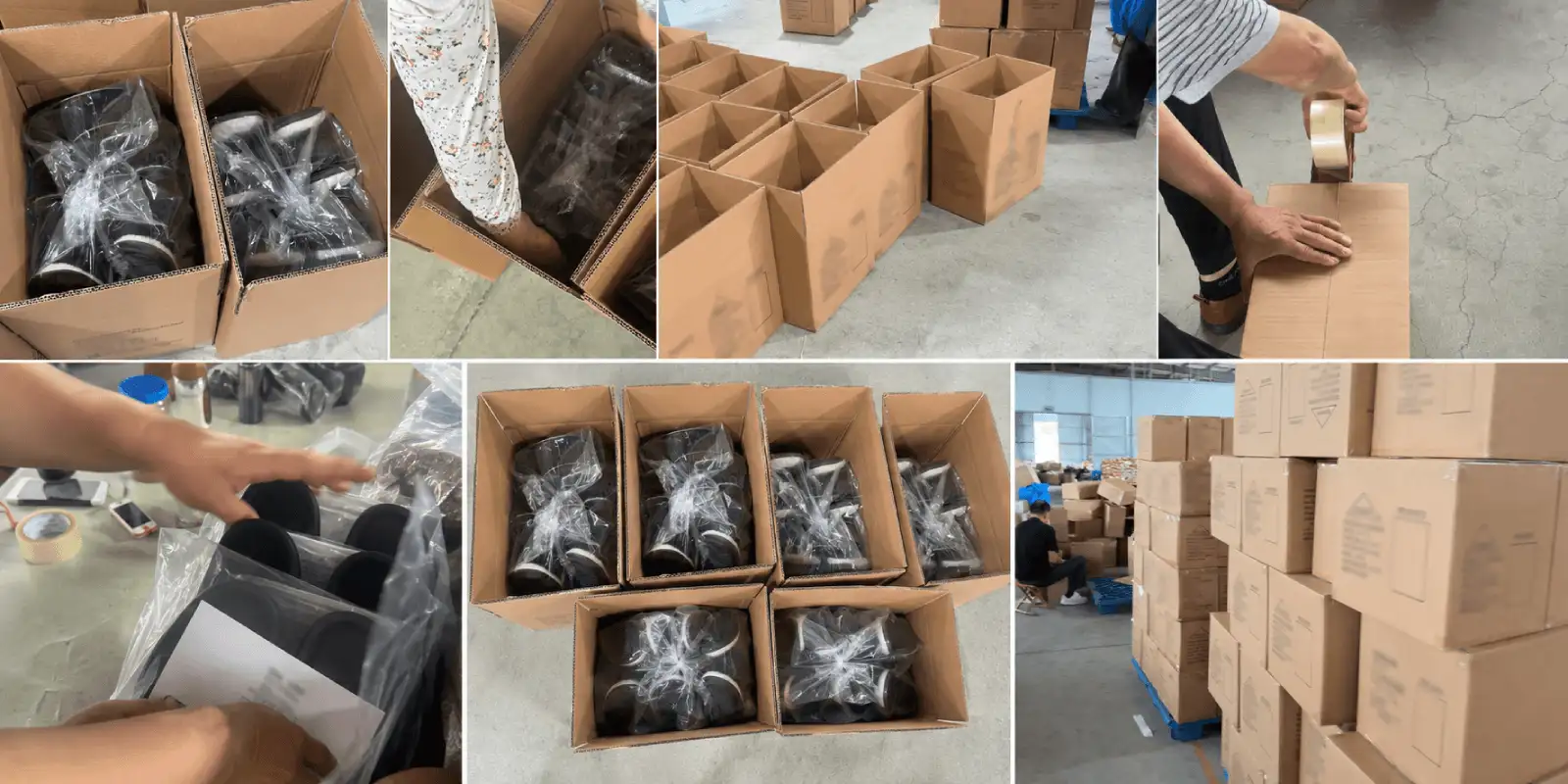 Slippers packed in protective bags, arranged in cartons, sealed and stacked on pallets
