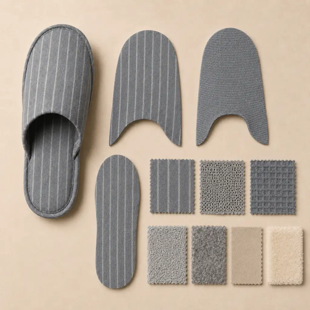 Exploded view of slipper components including upper, lining, cushioning, insole and outsole